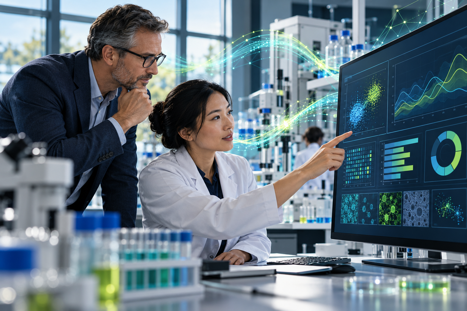 Concept illustration of a scientist and laboratory manager reviewing results, with connected patterns representing AI-assisted insight.